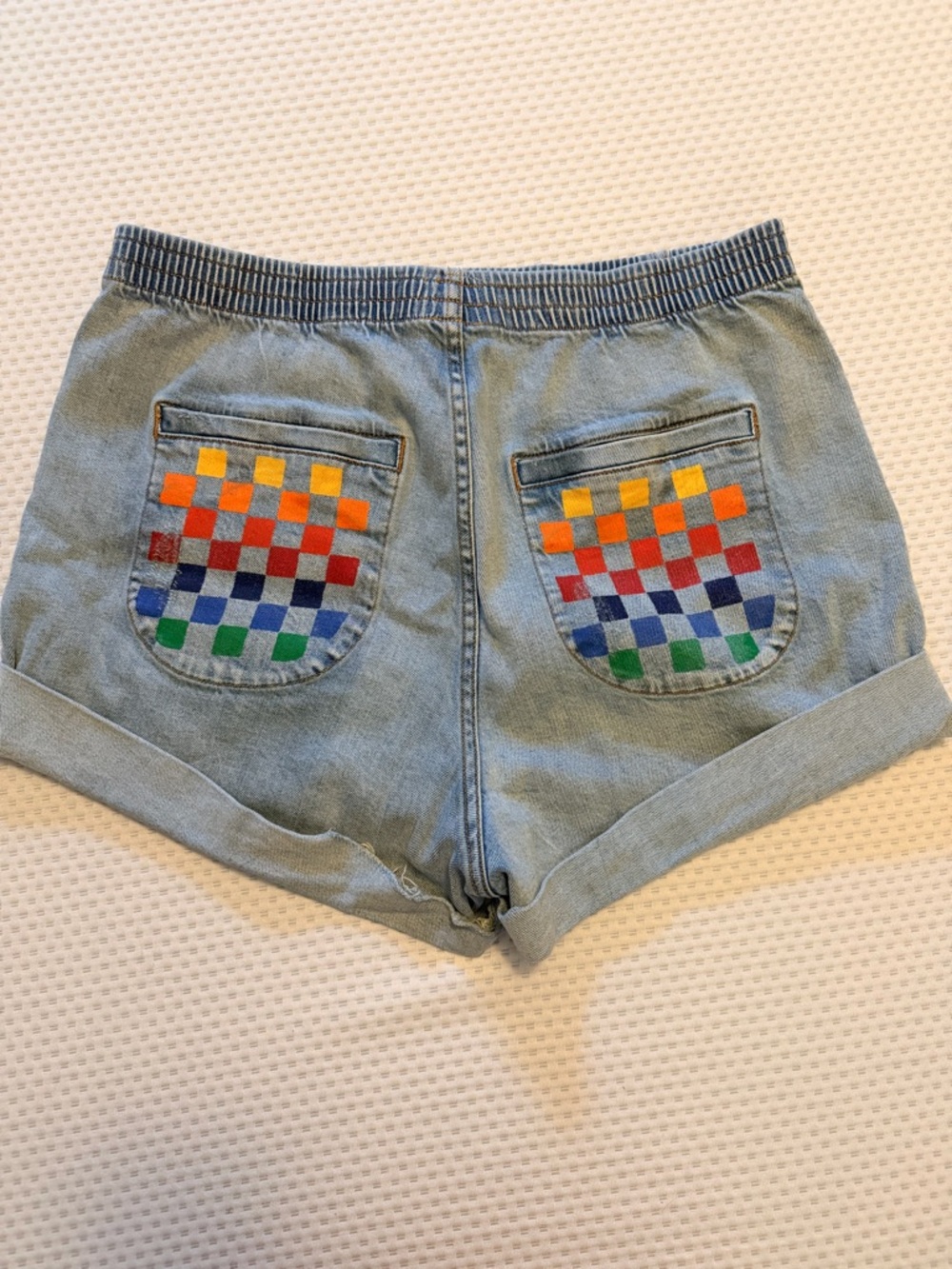 Aviator Nation Light Wash Denim Shorts with Rainbow Checker Pockets